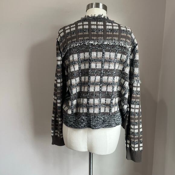 CAbi #4097 Gray Brown White Open Front Fringe Plaid Cardigan Sweater Sz Large - Picture 2 of 8
